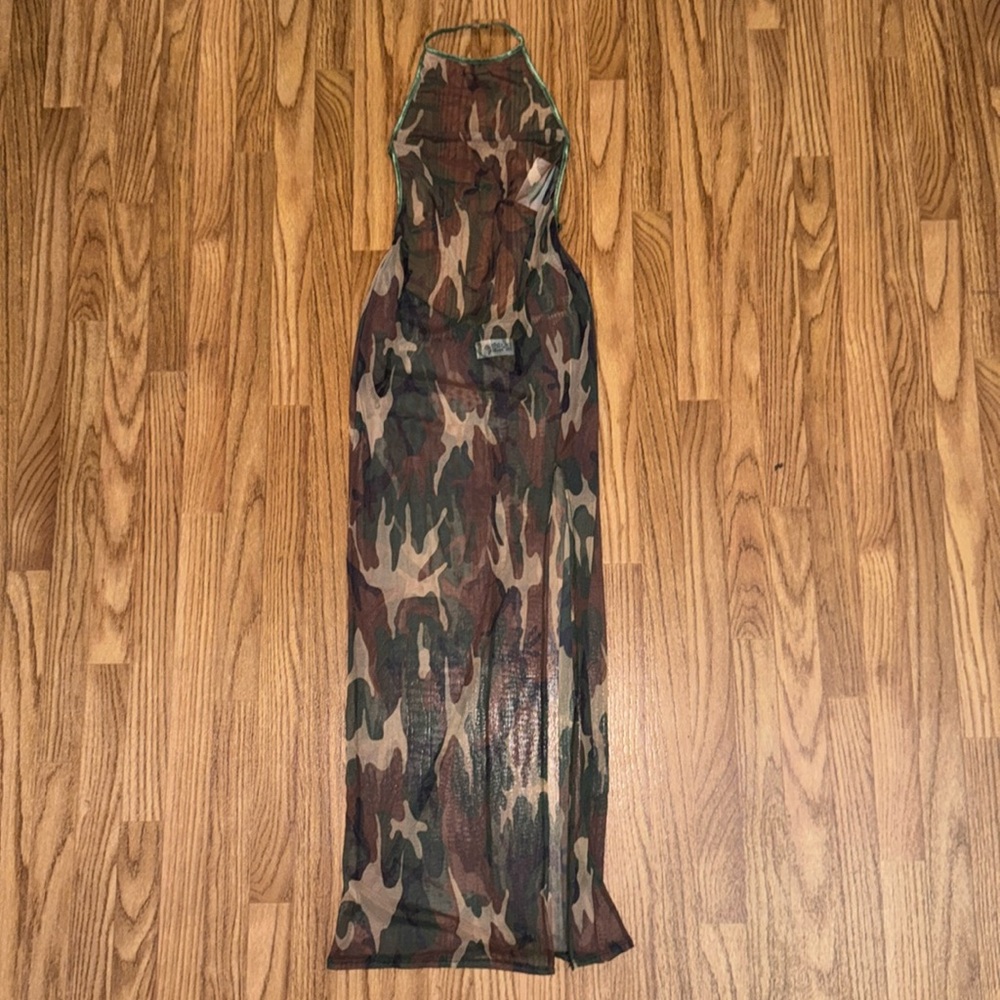 Y2K Size Small Sheer Micro Mesh Camo Army Brat Maxi Dress Beach Cover Up 90s Hot